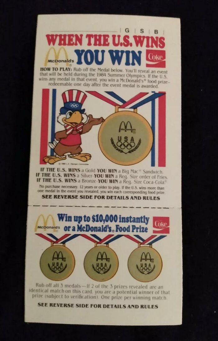 Vintage 1984 McDonald's Olympic promotion card illustrating a PR mistake involving unexpected marketing backlash.