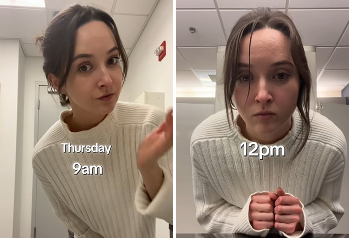 Woman wearing a white sweater shows effects of office air on her appearance from 9am to 12pm in a workplace setting.