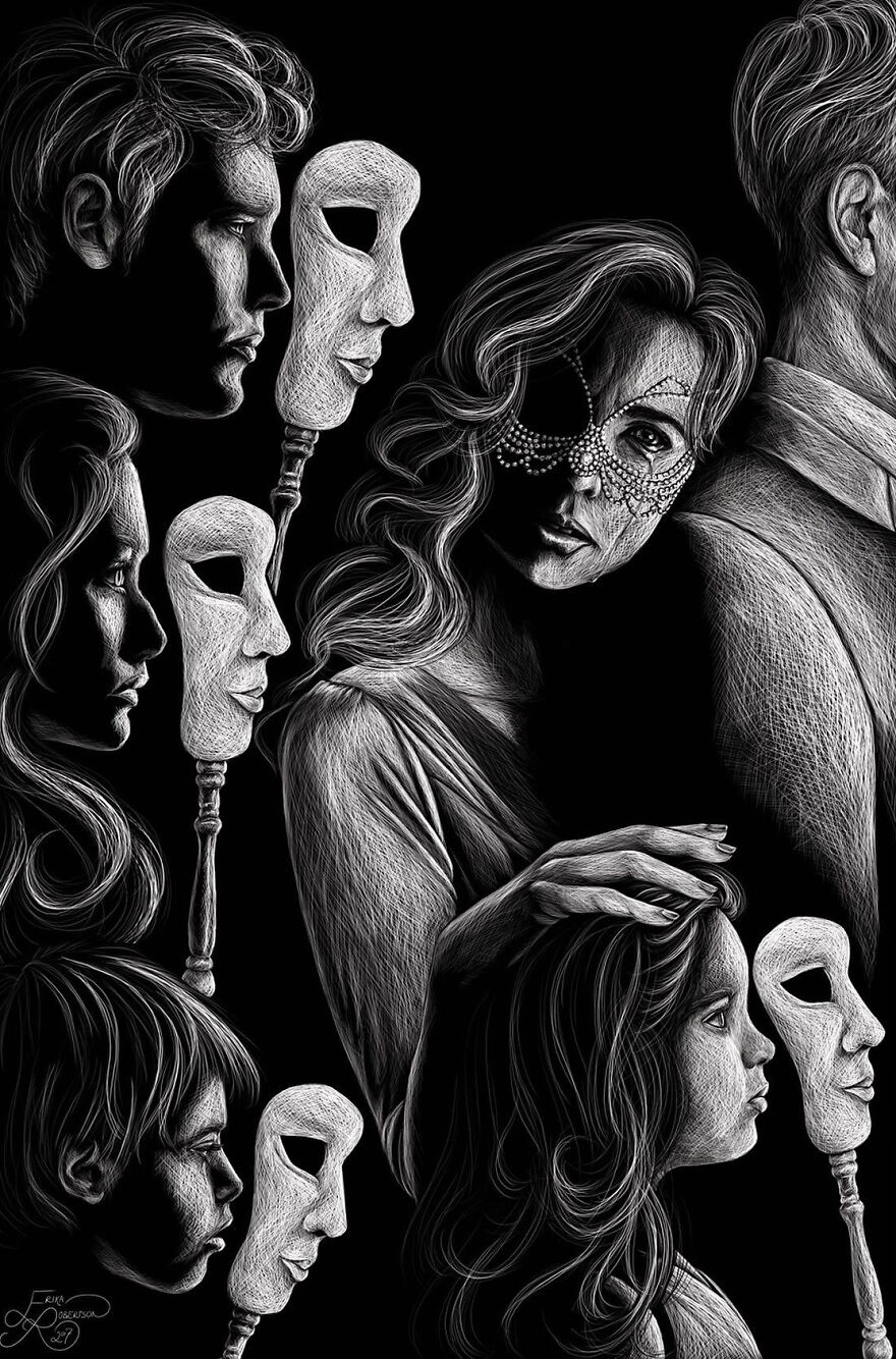 Illustration of a family with faces holding masks, symbolizing emotional enmeshment and suffocation in close relationships.