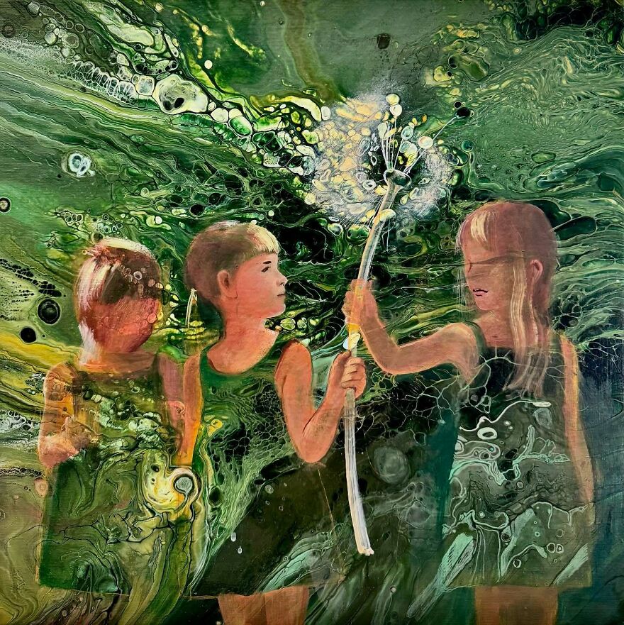 Three children in green dresses amidst swirling green patterns, symbolizing the heavy burden of parentification.