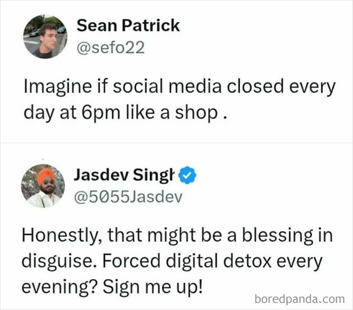 Two Twitter users discuss the idea of social media closing at 6pm, relating to relatable adulthood memes.