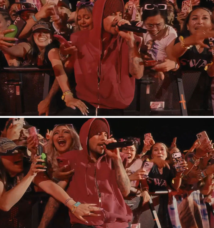 Crowd selfies and close-up moments with performer in red hoodie at Coachella 2026, capturing fan reactions and energy.