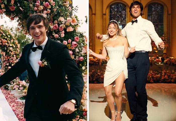 Two split images: a man in a black suit smiling, and a couple in a wedding scene, dancing. Euphoria outfits.