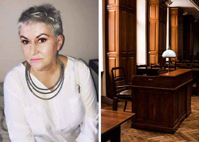 A woman with short grey hair and a necklace, beside a wooden desk in a court or old library. Freak accidents and Final Destination theme.