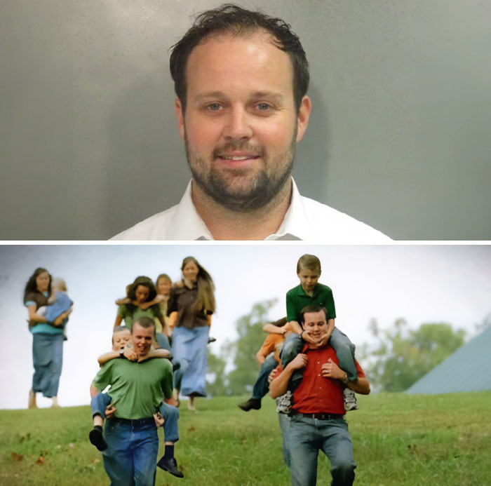 A mugshot of Josh Duggar (top) and an image of the Duggar family, a TV show canceled due to scandalous controversies.