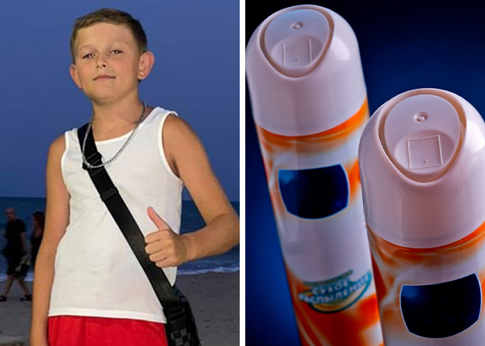 A boy, giving a thumbs up, with air freshener cans. Represents dangerous TikTok challenges and their fatality risks.