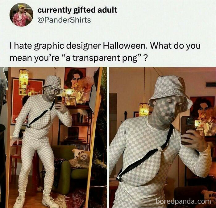 Man dressed in checkered outfit and hat resembling a transparent PNG in a humorous meme about graphic design Halloween.