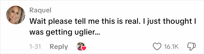 Comment from Raquel expressing disbelief about getting uglier, highlighting complaints about office air quality at work.