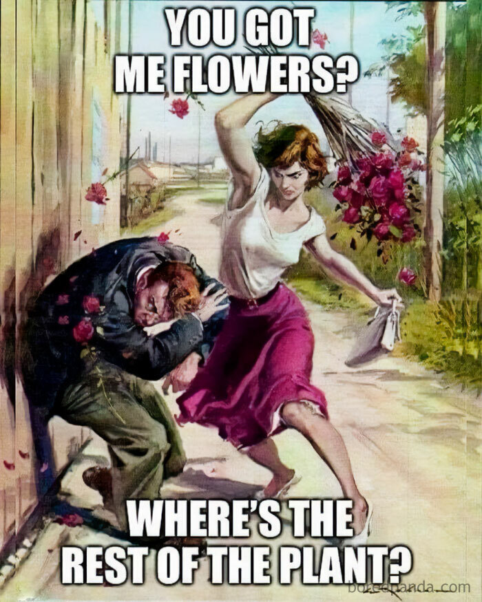 Meme image of a woman hitting a man with a bouquet of flowers, text reads: You got me flowers? Where's the rest of the plant? Crazy plant parent humor.