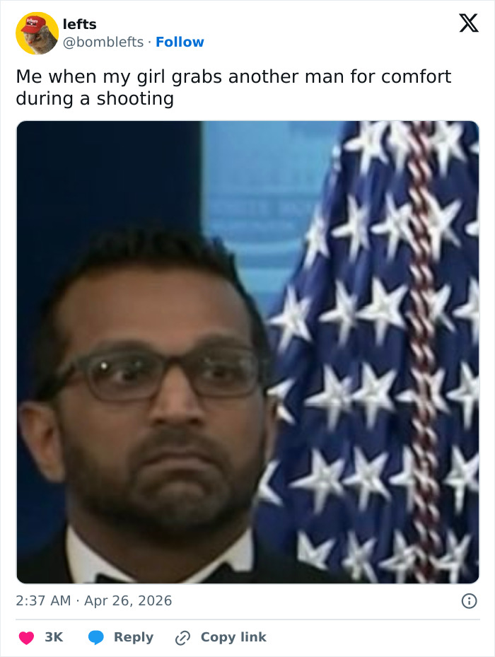 Man with a concerned expression and an American flag in the background, a meme about a security incident at White House.