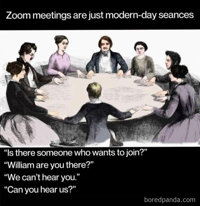 Vintage illustration of people around a table with captions about Zoom meetings as modern-day seances, a lighthearted meme.