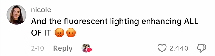 Screenshot of a social media comment complaining about fluorescent lighting affecting appearance at work.