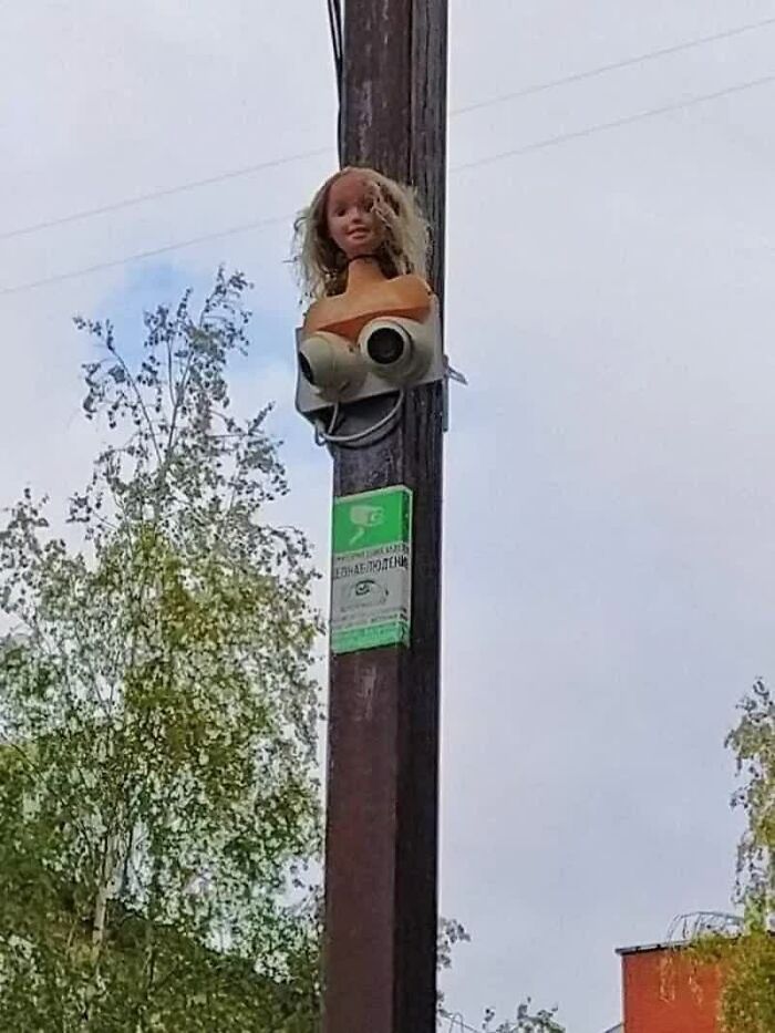 A doll's head attached to a security camera on a utility pole, a weird image that made people go hmmm.