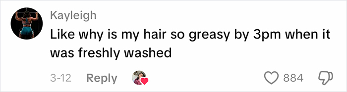 Social media comment about greasy hair by 3pm, highlighting complaints related to office air affecting appearance.