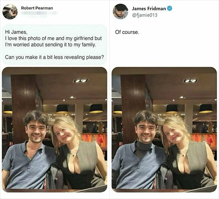 Text meme showing a man asking to make a revealing photo less revealing with a humorous edited photo reply, wild memes style.