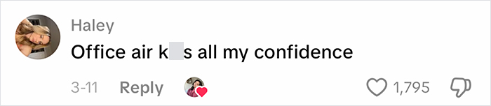 User comment on social media about office air affecting confidence, accompanied by a profile picture of a woman.