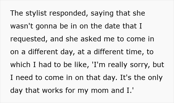 Text from a woman explaining why she refused to tip for a wedding dress due to scheduling conflicts with the stylist.