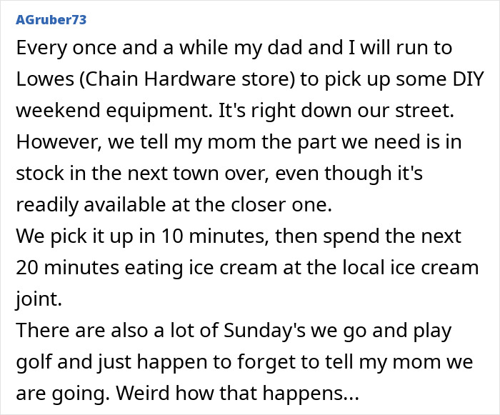 Text post describing dads and kids keeping secrets from moms about quick trips and hidden fun times together.