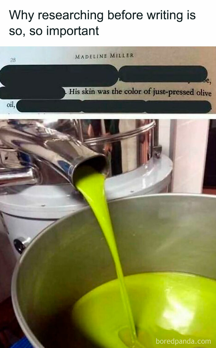 Meme showing importance of research with a book quote and olive oil pouring into a container for humorous effect.