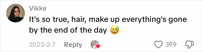 User comment about hair and makeup fading by the end of the day, related to complaints about office air effects.