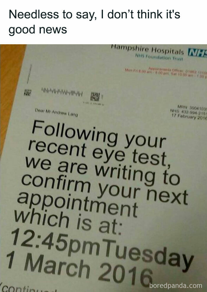 Eye test appointment letter with humor about bad news, featured in unhinged and wild memes to brighten your day.