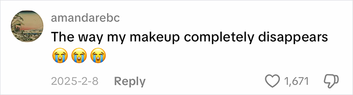 Social media comment about makeup disappearing, highlighting complaints about office air affecting appearance at work.