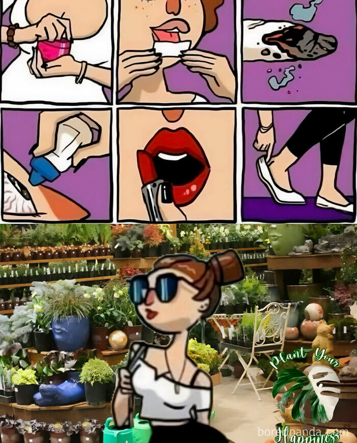 A cartoon woman's morning routine, including eye drops and lipstick, followed by her at a plant nursery. Perfect for crazy plant parent meme language fans.