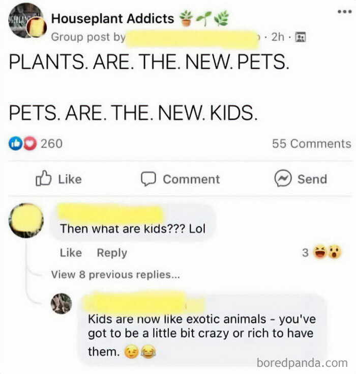 A Facebook post from Houseplant Addicts stating Plants are the new pets, and pets are the new kids. A comment thread discussing the crazy plant parent meme.