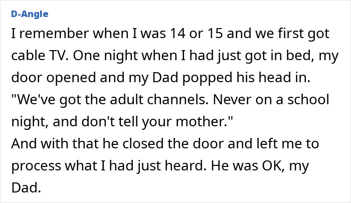 Text excerpt showing a dad secretly sharing adult TV channels with his kid, illustrating secrets dads and their kids keep from moms.