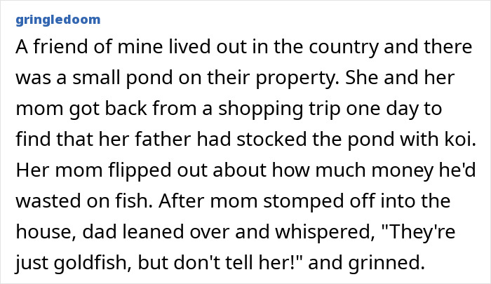 Text post showing a dad’s secret about koi fish being just goldfish, illustrating secrets dads and their kids keep from moms.