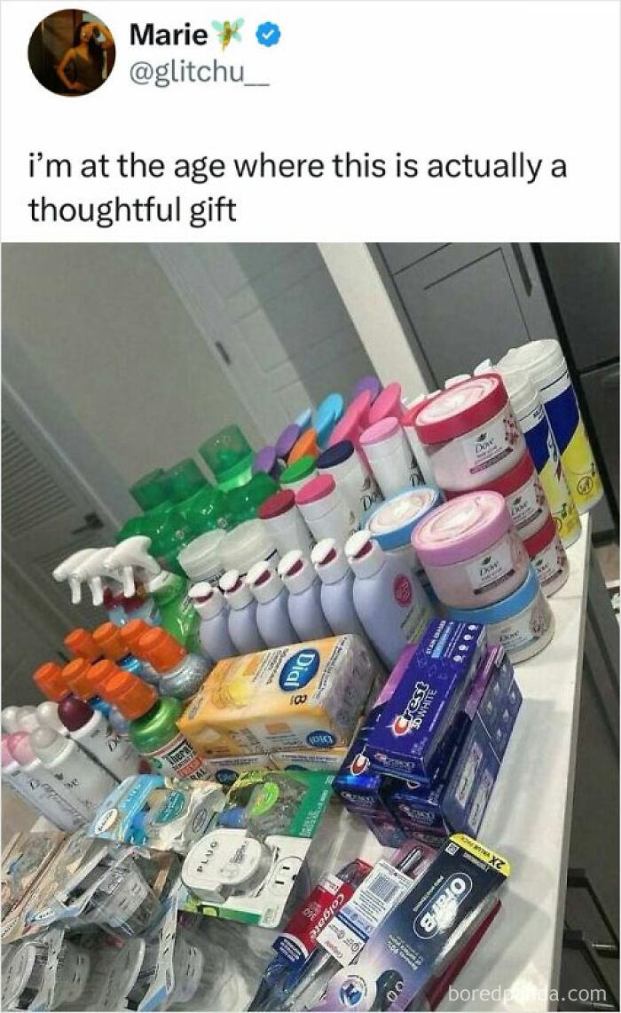 Collection of skincare and hygiene products arranged on a counter representing unhinged and wild memes.