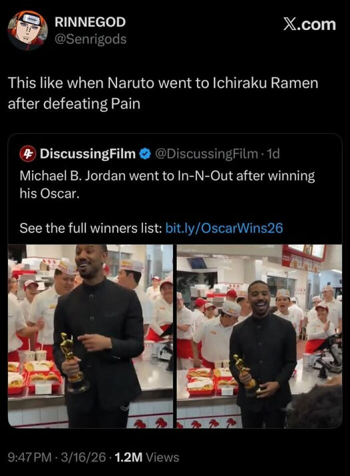 Tweet humor referencing Naruto and an Oscar winner at In-N-Out, sharing a funny moment for those who don’t use X.