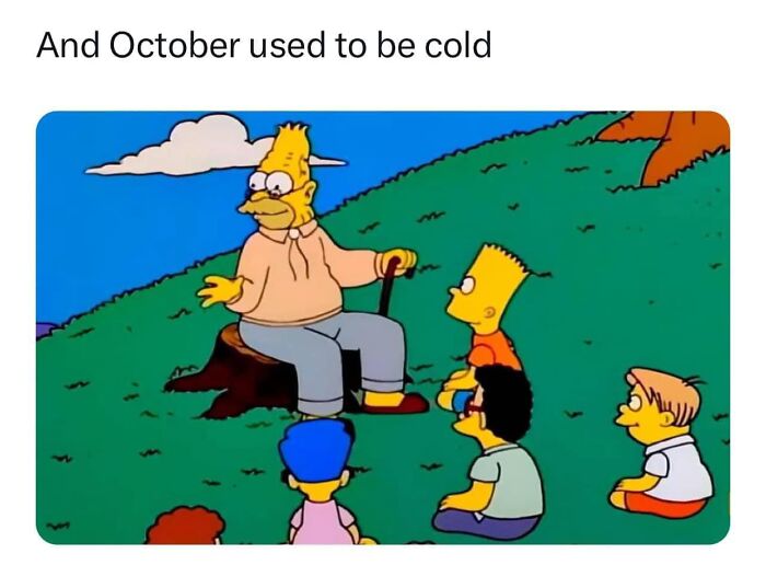 Abe Simpson tells stories to children, including Bart, on a grassy hill, a meme about living in Alaska.