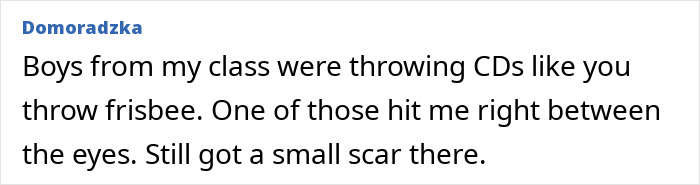 Text post showing a personal story about a stupid injury where a CD thrown like a frisbee caused a scar between the eyes.