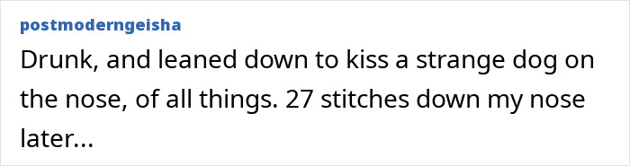 Text post describing a painful stupid injury story involving 27 stitches after a dog bite on the nose.