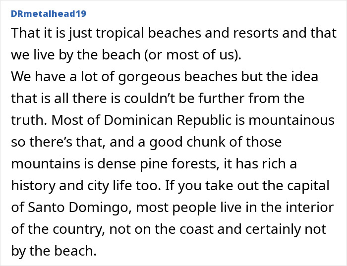 DRmetalhead19's text post refutes stereotypes about countries, detailing the Dominican Republic's mountains and interior, not just beaches.