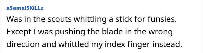 Screenshot of a funny injury story about whittling gone wrong, illustrating stupid injury stories that hurt to read.