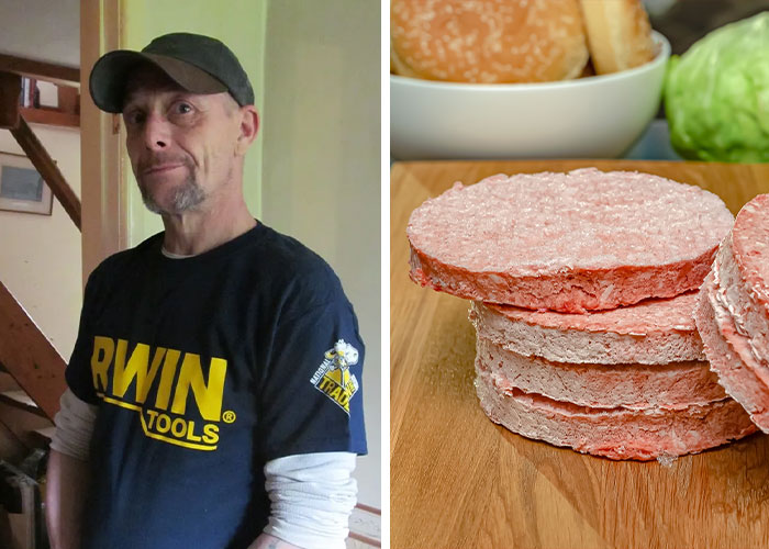 A man in a cap and tool shirt next to raw burger patties and buns. Exploring freak accidents and final destination themes.