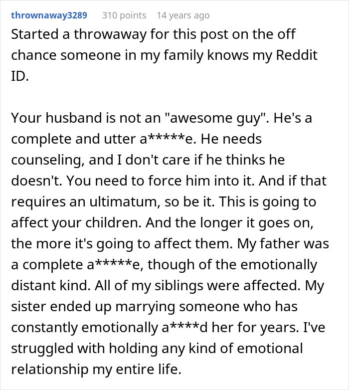 Reddit comment warning about husband being a jerk to kids, discussing emotional impact on children and family.