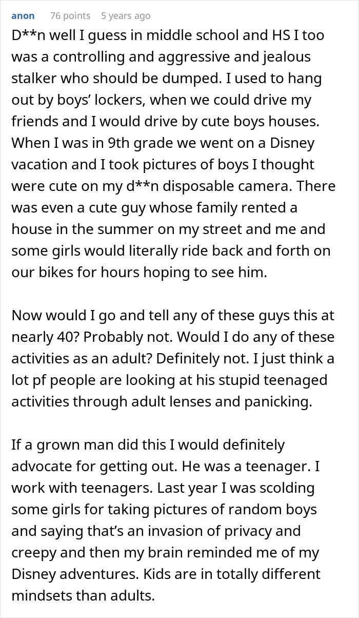 Excerpt of a man’s creepy confession about teenage stalking behavior leaves girlfriend questioning their relationship.