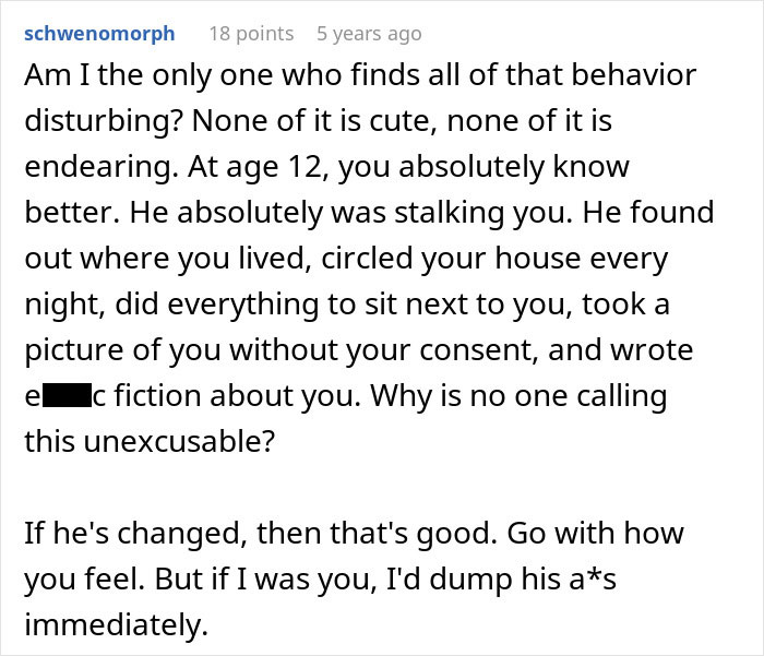 Comment highlighting a man’s stalking behavior from age 12, questioning the relationship due to a creepy confession.