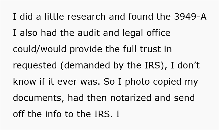 Text discussing research on IRS audits and legal office trust requests, mentioning notarized documents sent to the IRS.