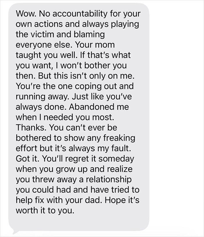 Text message from dad showing no accountability after teen confronts him about forgetting her birthday, damaging their relationship. Text message from dad showing no accountability after teen confronts him about forgetting her birthday, damaging their relationship.