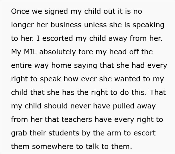 Text discussing a teacher grabbing kids by the arm and a mom reacting, addressing rights and boundaries involved.