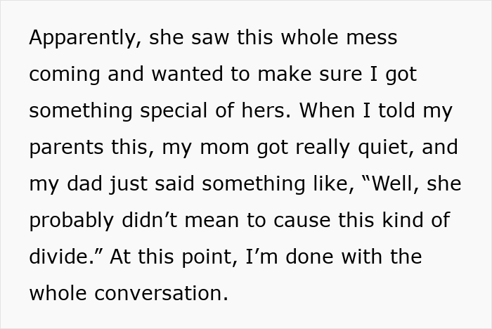 Text excerpt about brother demanding sister give up beloved heirloom ring for proposal, highlighting family conflict and selfishness claims.