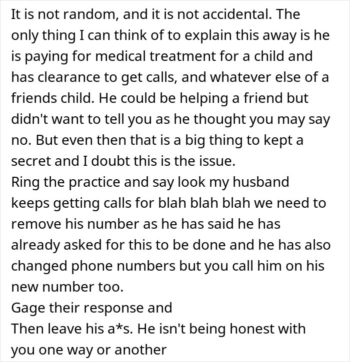 Uma imagem baseada em texto que mostra conselhos para uma mulher cujo comportamento do marido sugere que ele tem um filho secreto.