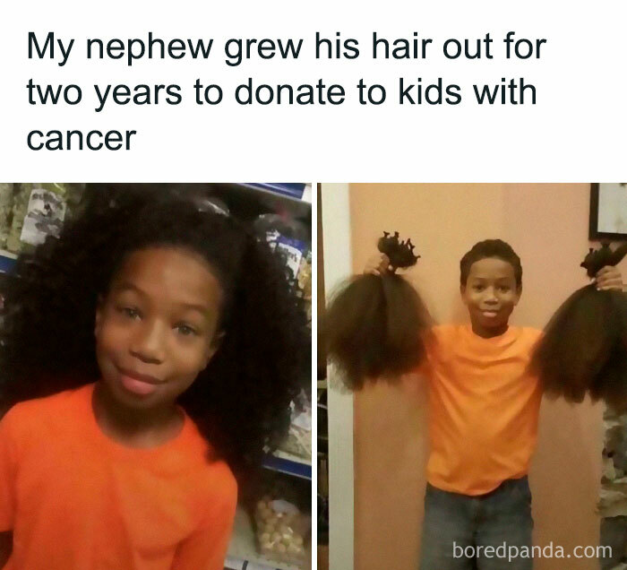 Boy in orange shirt before and after donating his long hair grown for two years to kids with cancer wholesome stories