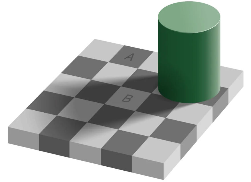 This brain-bending optical illusion features a checkerboard with squares A and B, appearing different shades due to a cylinder's shadow.