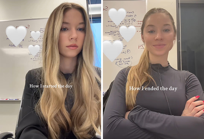 Two side-by-side photos showing a woman&rsquo;s changing appearance at work, highlighting complaints about office air.