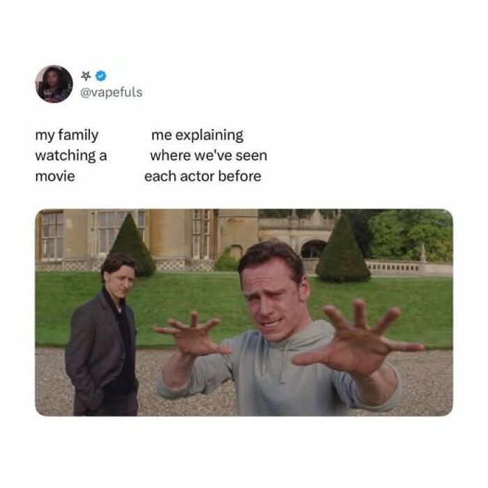 Funny tweet showing a scene from a movie with a person explaining actors seen before for comedy and laughs.
